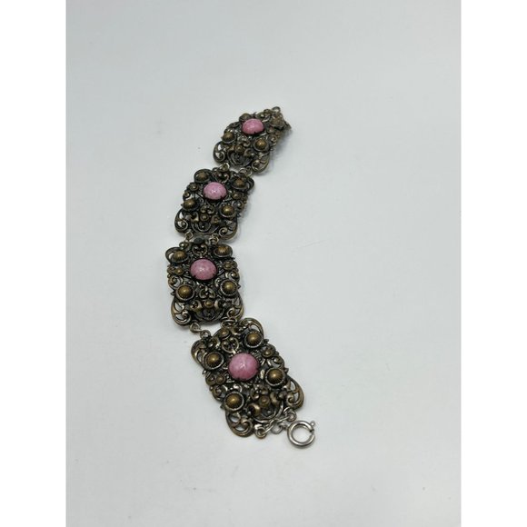Vintage Filigree Bracelet Pink Glass Cabochons Panel Bracelet Brass Tone Metal - Picture 2 of 8